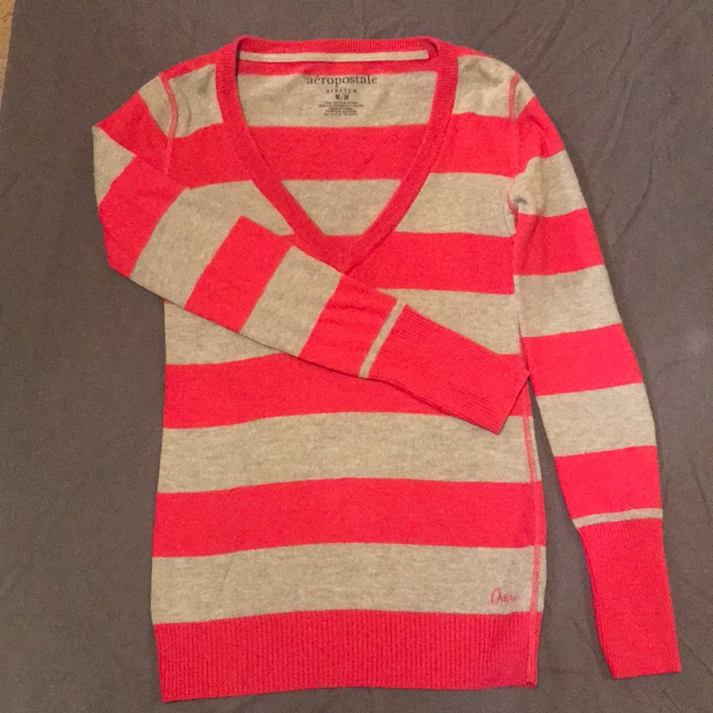 Aeropostale Pink and gray striped v-neck sweater